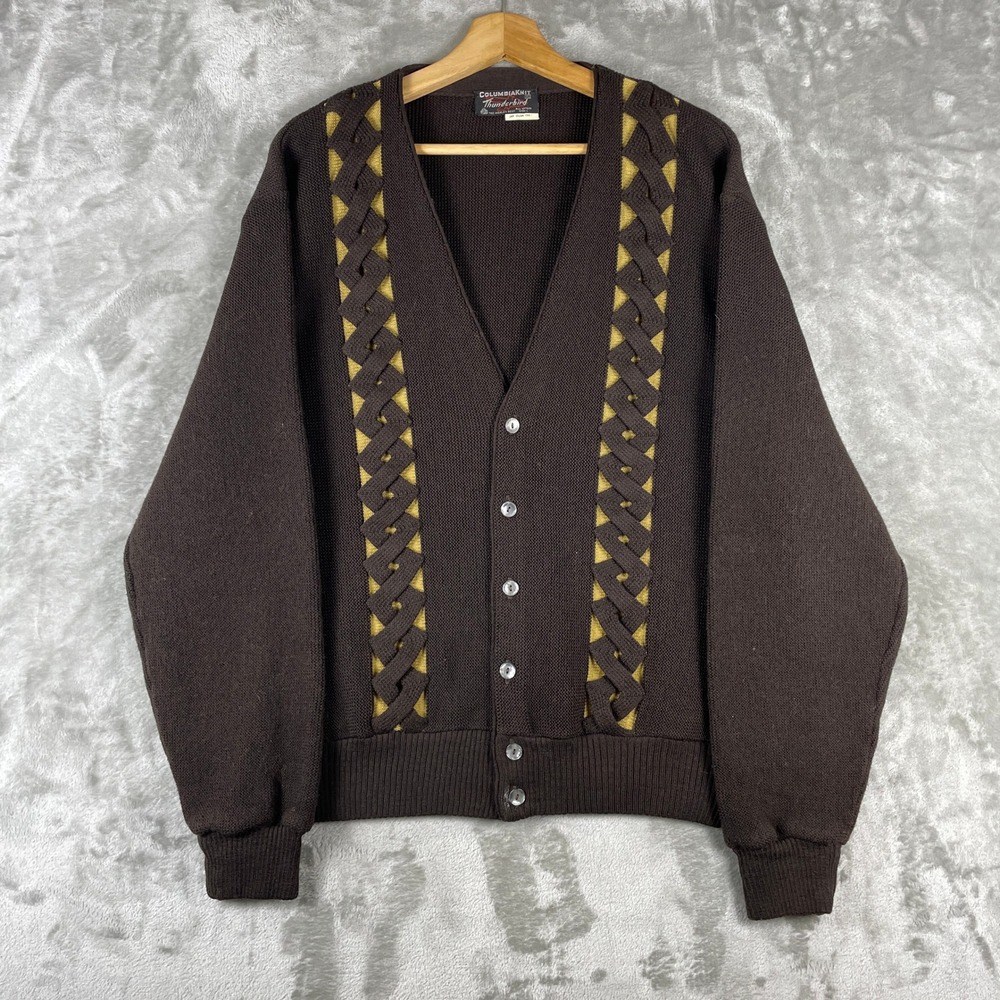 Vintage 60s ColumbiaKnit Thunderbird Cardigan Mens XL Brown Wool Basketweave